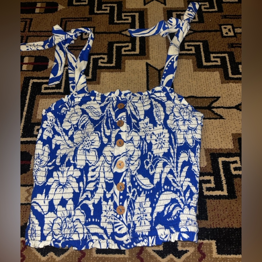 Patrons of Peace Blue and White Floral Tank Top